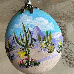 Pendant, One-of-a-kind, Hand Painted stone, 2-sided, silver clasp